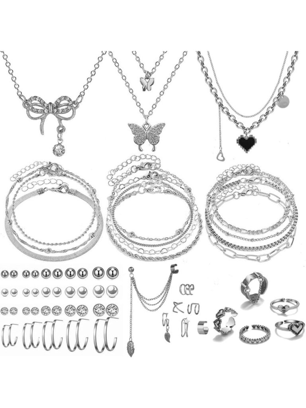 47pcs Gold Jewelry Set: Necklaces, Bracelets, Earrings & Rings - Perfect